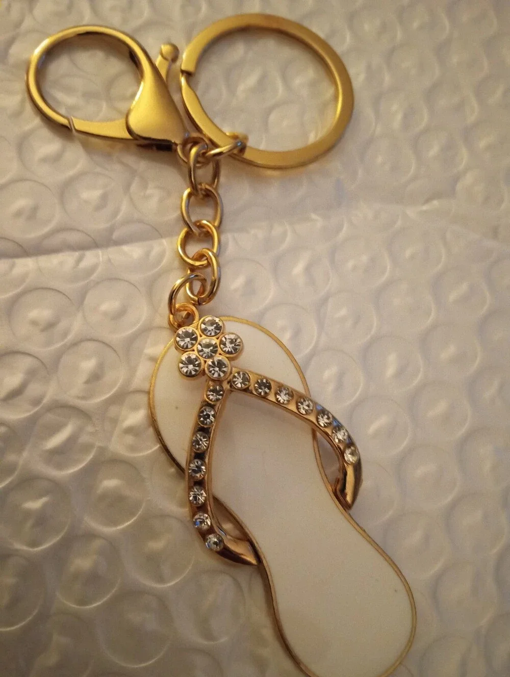 Gold-Plated White Rhinestone Flip Flop Keychain